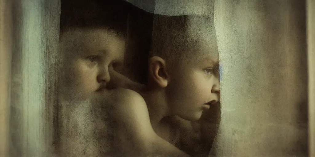 Prompt: little boy looking at the window, reflection at the glass, beautiful artwork by katia chausheva