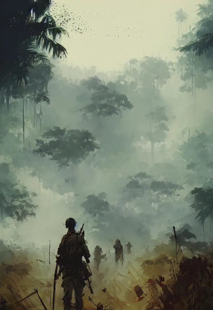 Image similar to ismail inceoglu epic painting of vietnam war, year 1 9 7 0, jungle, smoke and mist, painting, line art, art concept for a book cover, trending on artstation, by greg manchess and by craig mullins and by kilian eng and by jake parker