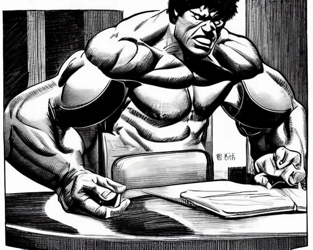 Image similar to The Incredible Hulk as a college student, hunched over a desk as he crams for final exams. Detailed comic book illustration, muscular, angry, frustrated.