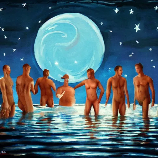 Image similar to five guys skinny dipping in the moonlight, trending on artstation