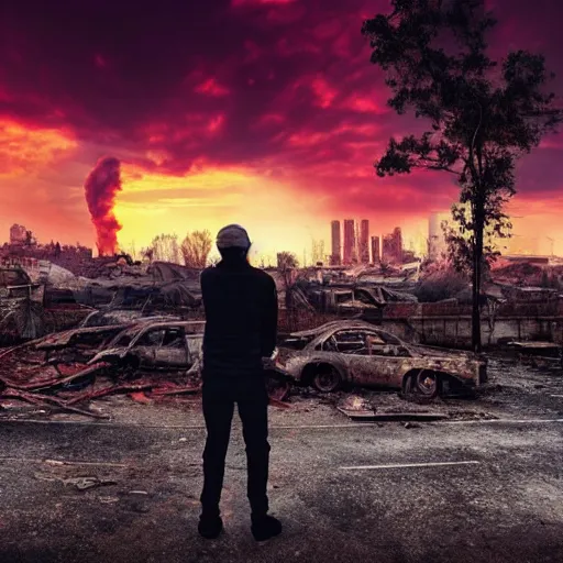 Prompt: man watching a ruined post-apocalyptic city under burning red sky, photorealistic