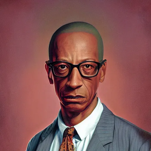 Image similar to Portrait of Gus fring by gerald brom, full body, light pink sunrise, calm atmosphere