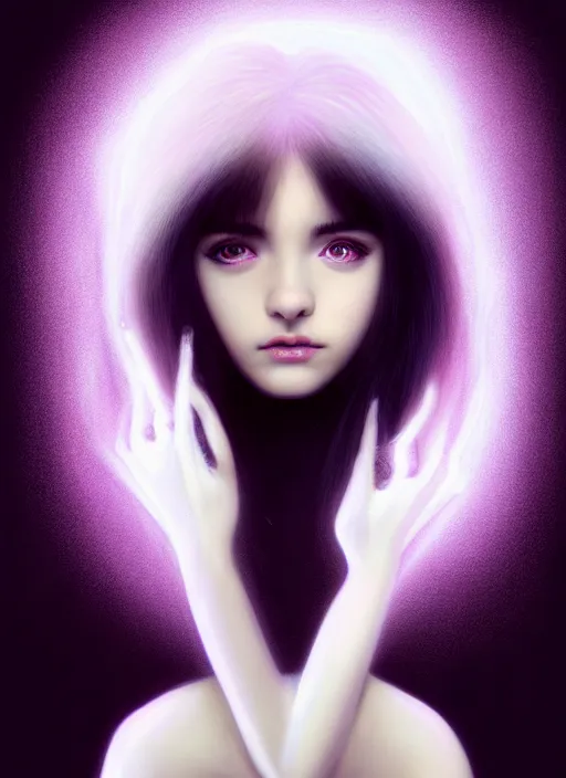 Image similar to portrait of teenage girl with white bangs, red irises, black hair, purple clothes, white bangs, bangs are different color from hair, intricate, front of hair is white rest is black, elegant, glowing lights, highly detailed, digital painting, artstation, concept art, smooth, sharp focus, illustration, art by wlop, mars ravelo and greg rutkowski