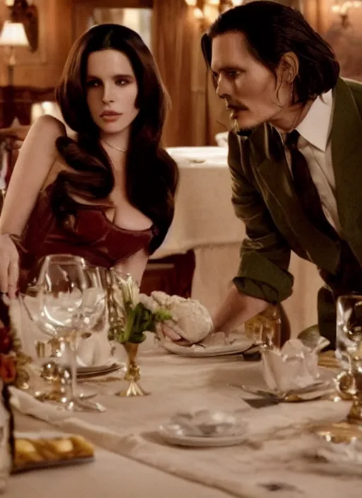 Image similar to movie still of a lana del rey with a very big bust sitting at a table with johnny depp, smooth white skin, directed by Quintin Tarantino