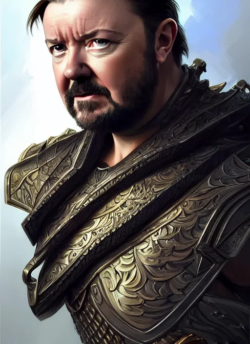 Image similar to portrait of ricky gervais, d & d, muscular!! armour, intricate, elegant, highly detailed, digital painting, artstation, concept art, smooth, sharp focus, illustration, art by artgerm and greg rutkowski and alphonse mucha