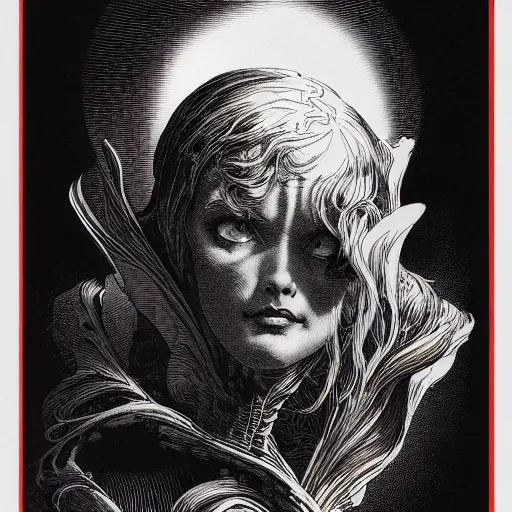 Image similar to portrait soft light, by bernie wrightson and joe fenton and simon bisley, inspired victorian sci - fi, etching, fine, sharp high detail, red and grey, screen print,