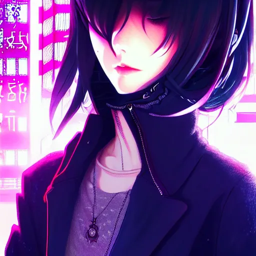 Image similar to by kyoto animation, cool girl wearing cyberpunk intricate streetwear, beautiful, detailed symmetrical close up portrait, intricate complexity, in the style of artgerm and ilya kuvshinov, cell shaded, 4 k, concept art, by wlop, krenz cushart, greg rutkowski, pixiv. cinematic dramatic atmosphere, cinematic lighting, studio quality