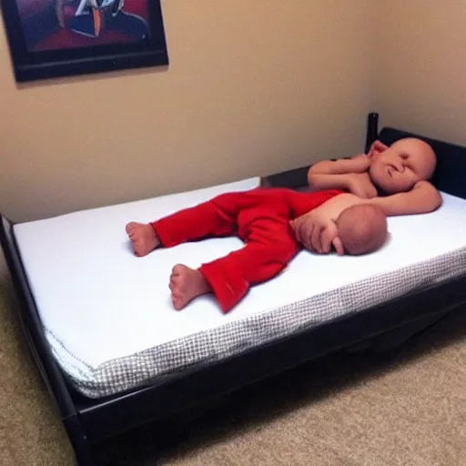 Prompt: kratos sleeping in kid sized bed