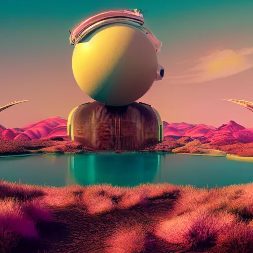 Image similar to panorama,utopia,science fiction,bio-inspired,organic,sunny,michael whelan,retro wave, pink hues,octane render