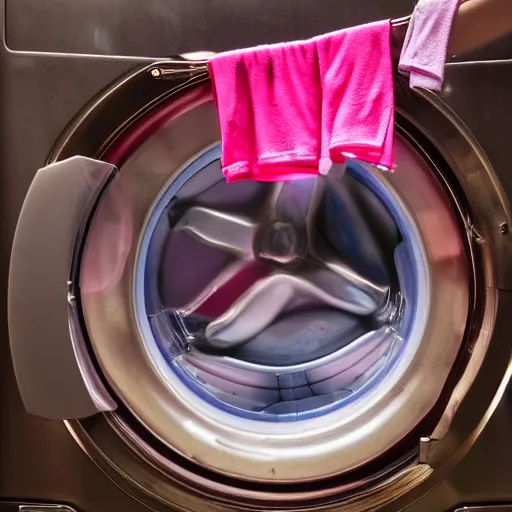 Image similar to photograph of pink clothes being washed in a washing machine. 8k resolution. hyperrealistic.