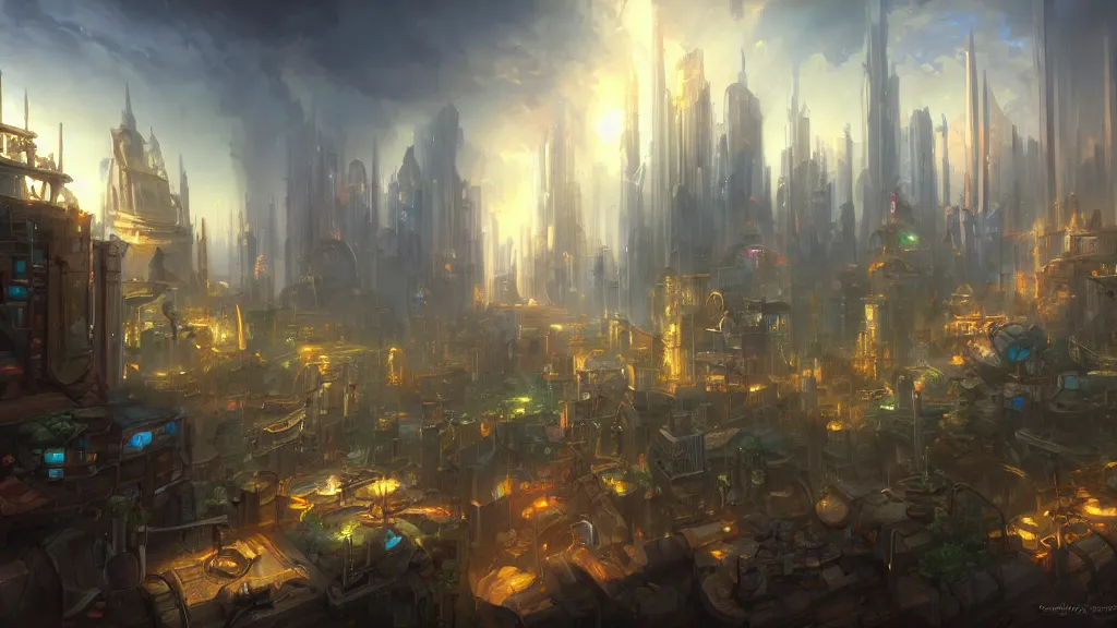 Prompt: A beautiful Arcane cityscape by Tyler Edlin, tall buildings, concept art, painting