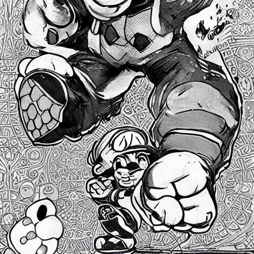 Image similar to mario stomping on a goomba, line art black and white, art by artgerm and greg rutkowski and alphonse mucha