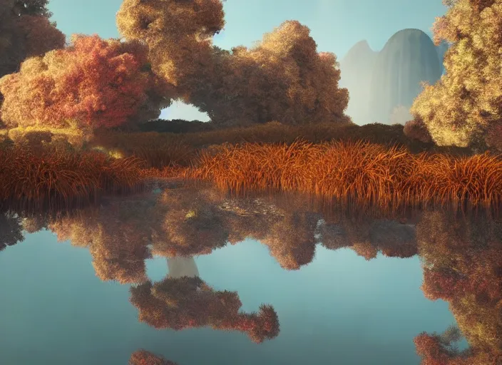 Image similar to soft painting large rooster reflection refraction world synthwave ruins ponds alien vegetation, accurate features, focus, very intricate ultrafine details, black autumn, dense fog, award winning masterpiece, octane render 8 k hd, fantasy