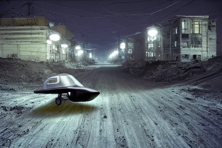 Image similar to an emty street of a futuristic city on the Moon called Noviy Norilsk, with a flying car at night with only by one street light, photo by Gregory Crewdson,