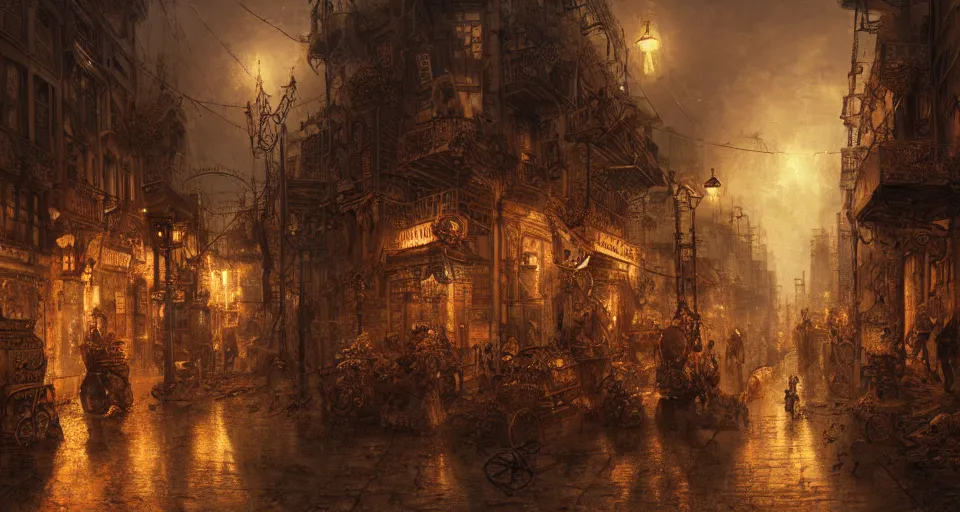 Prompt: steampunk city streets at night by jean-honore fragonard, junk everywhere, wires hanging, steam, trending on artstation