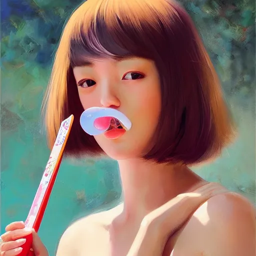 Image similar to oil painting by ilya kuvshinov,, baugh casey, rhads, coby whitmore, of a youthful japanese beauty, long hair, standing eating a popsicle outdoors by vending machines, highly detailed, breathtaking face, studio photography, dawn, intense subsurface scattering, blush, supple look, innocence, intense sunlight