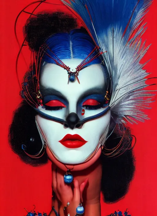 Image similar to an 8 0 s portrait of a woman with dark blue eye - shadow and red lips with dark slicked back hair, a mask made of wire and beads, dreaming acid - fueled hallucinations by serge lutens, rolf armstrong, delphin enjolras, peter elson, red cloth background, airbrush