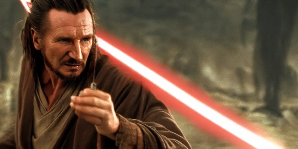 Prompt: qui - gon jinn played by photo real liam neeson 9 0 s, motion blur runs through massive battlefront, mcu style, explosions, fire, real life, spotted, ultra realistic face, accurate hands, 4 k, movie still, uhd, sharp, detailed, cinematic, render, modern