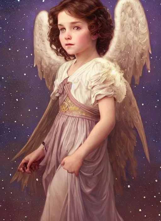 Prompt: A cute little girl with shoulder length curly brown hair and angel wings. She is standing in a field at night looking up and the sky is filled with constellations. The picture has an ornate frame. beautiful fantasy art by By Artgerm and Greg Rutkowski and Alphonse Mucha, trending on artstation.