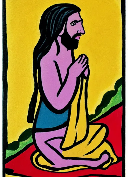 Image similar to painting of jesus praying seductively, 8 k cel shades, pivix, in the style of ernst ludwig kirchner