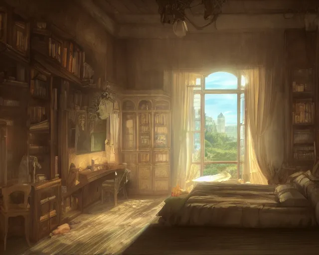 Prompt: environmental illustration of an interior wide angle shot of a bedroom overlooking the streets in a late renaissance city | | anime key visual, official media, illustrated by wlop, extremely detailed, 8 k, trending on pixiv, cinematic lighting, beautiful