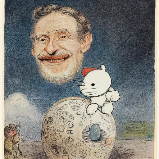 Image similar to candid portrait of white ball with a human face smiling wide, surrounded by clouds, illustrated by peggy fortnum and beatrix potter and sir john tenniel