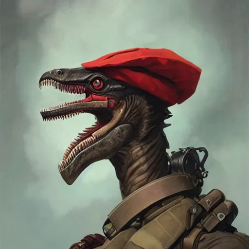 Image similar to a detailed matte painting of a cyborg velociraptor wearing a beret, in nazi occupied france, french resistance, 8 k, artstation, art by greg rutkowski and alphonse mucha