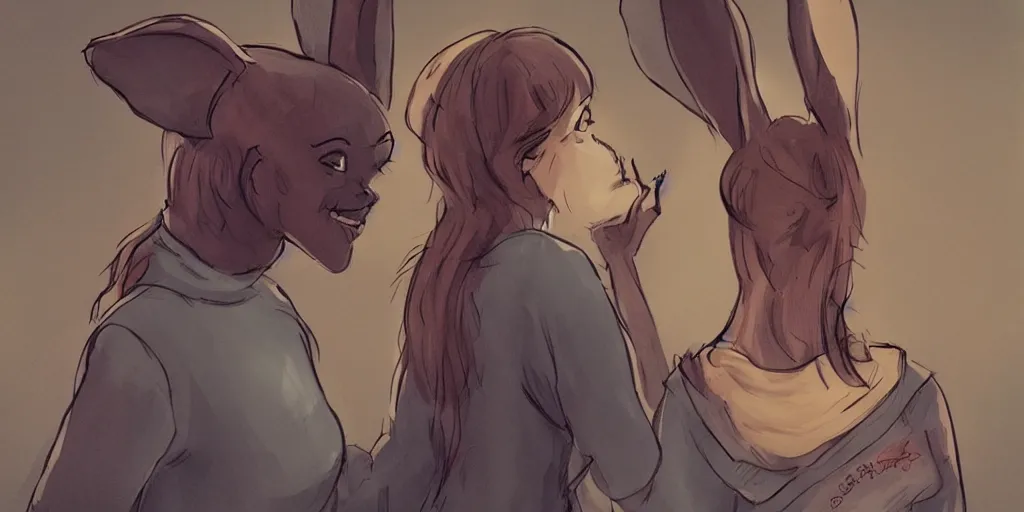 Image similar to women, dark skin, ginger, cartoon, sweatshirt, concept art, concept art, bunny ears,