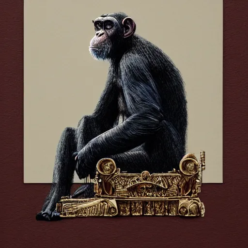 Prompt: an intricate and dramatic crayon drawing of a chimpansee who secretly rules the world, sitting on his throne, hyperdetailed, 80mm lens, by Greg Rutkowski and guweiz, muted tonal colors