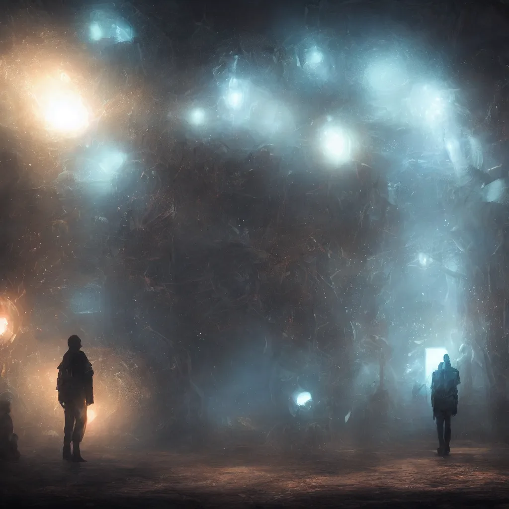 Prompt: extreme drama, distant glowing figures, hdr, movie still, glowing luminescent invocations, magical university, fully photorealistic, artstation, beautiful concept art, smoothened, sharp luminescent focus, nd 6, sony fx 6