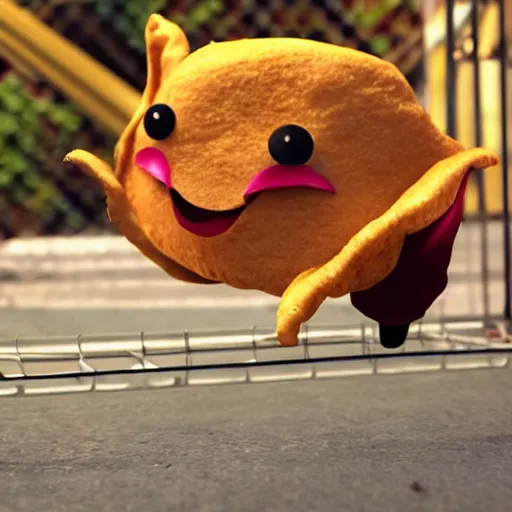 Image similar to anthropomorphic taco running from a cage to emma watson