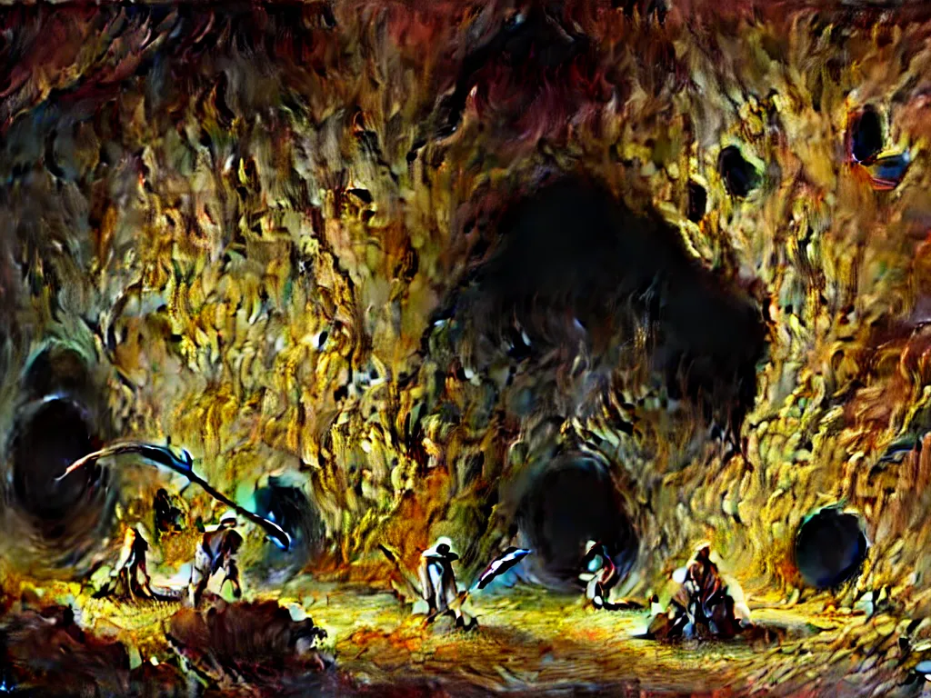 Image similar to a big mouth turns into a cave with strange bearded beings with scythes, 4 k, art by jaroslaw jasnikowski