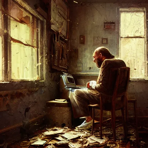 Prompt: a disheveled old disbarred lawyer boarded up in his messy rundown house, isolated alone on a typewriter feverishly typing out paranoid rants in the 1 9 8 0 s, detailed artstation marc simonetti ilya nazarov oil on canvas shimmer