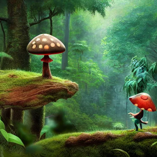 Prompt: Intricate detailed illustration, A happy humanoid mushroom frolicking in a lush rainforest, 🍄 , cinematic lighting, by Philip Hood, wide angle, volumetric light scattering, 8k, artstation, concept art,