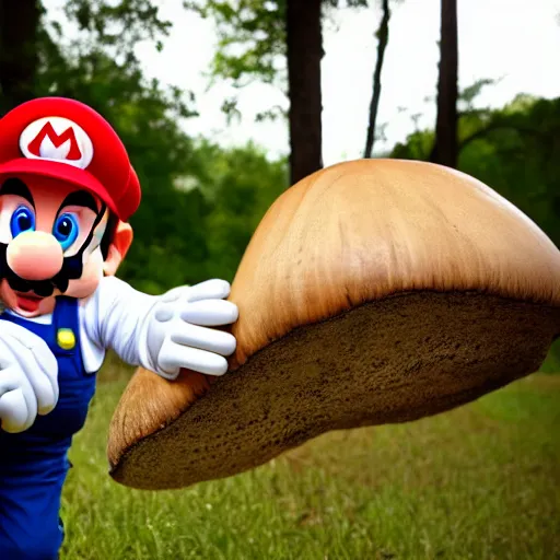 Image similar to photo of real life mario finding a giant mushroom, exhilarated, portrait, closeup. mouth open, 30mm, bokeh