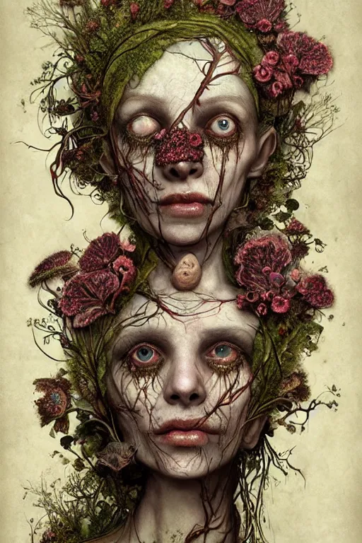 Prompt: beautiful and detailed rotten woman corpse with fractal plants and fractal flowers and mushrooms growing around, face muscles, veins, arteries, intricate, ornate, surreal, ray caesar, john constable, guy denning, dan hillier