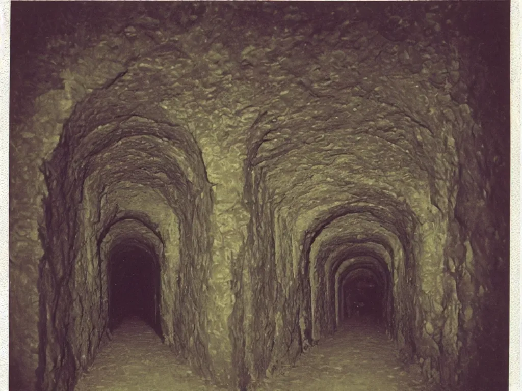 Prompt: A narrow tunnel in a dungeon. Colored, vintage, old polaroid photo