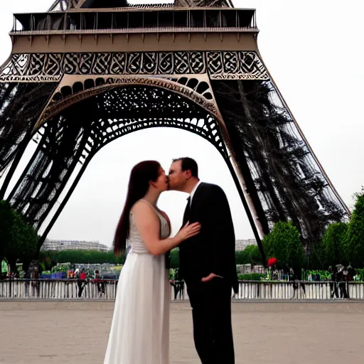 Prompt: two people kissing Infront of tour Eiffel, in style of Michael Angelo.