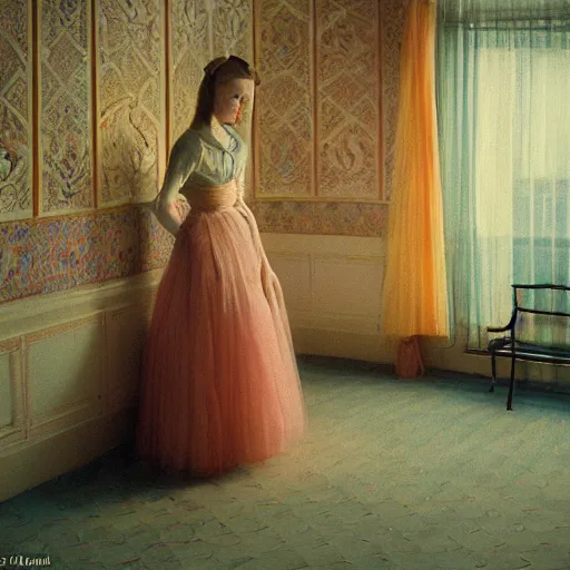 Image similar to a young ivory and golden filigree girl in an soviet liminal abandoned room, film still by wes anderson, depicted by balthus, limited color palette, very intricate, art nouveau, highly detailed, lights by hopper, soft pastel colors