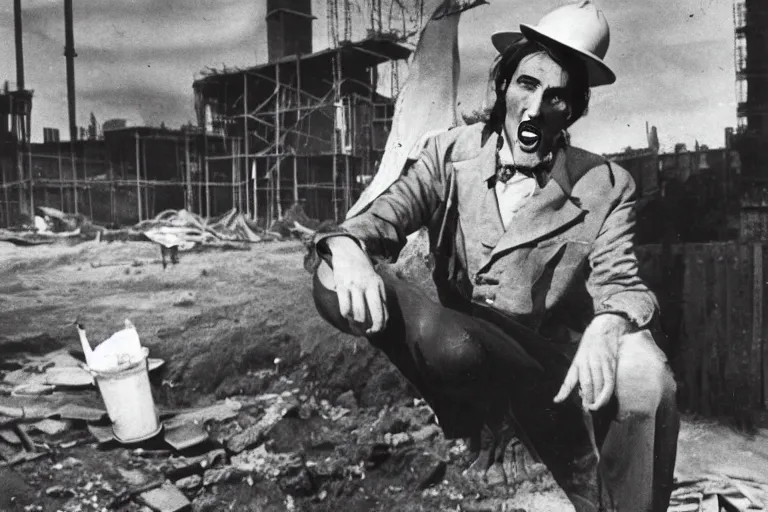 Image similar to dracula eating a bologna sandwich on a construction site 1 9 4 0 s