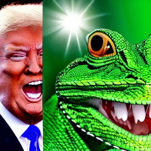 Image similar to president trump is a smiling laughing bright green lizard person, airbrush painting, epic scale, lens flare, glittering popsicle, hyper detailed, 8 k.