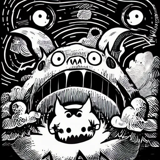 Image similar to mcbess illustration of a gigantic terrifying totoro monster with fangs and glowing eyes attacking a town, gothic, horror film, claws, sharp teeth, aggressive, violent, realistic