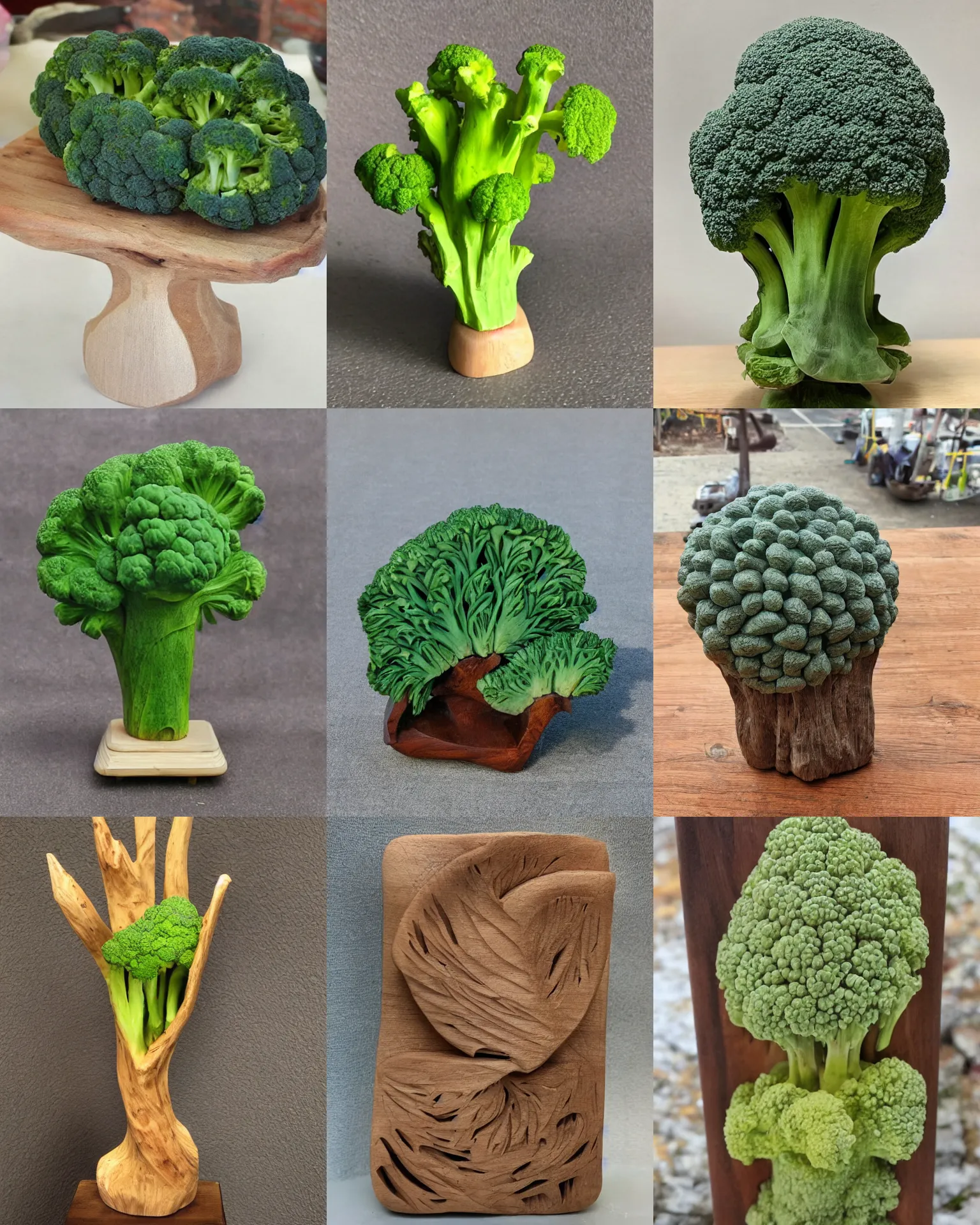 Prompt: wooden carved sculpture of a piece of broccoli, ebay listing, product picture, shot on iphone