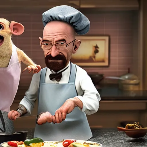 Image similar to walter white in ratatouille with rat on head while cooking