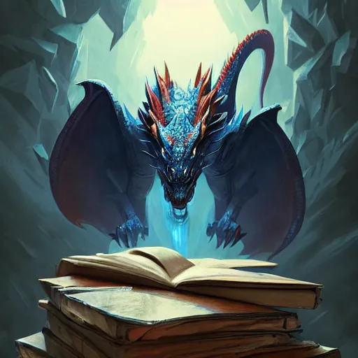 Image similar to blue dragon sitting on a hoard of books, fantasy, dnd, art by greg rutkowski