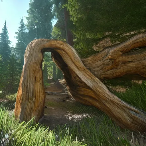 Prompt: A portal made out of twisted wood in the middle of a pine forest. The portal leads to a quiet, sandy beach. Unreal engine, photorealistic.