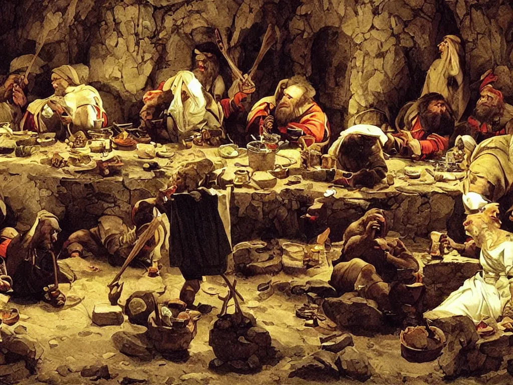 Image similar to dwarves having a feast in moria, ferns. painting by georges de la tour
