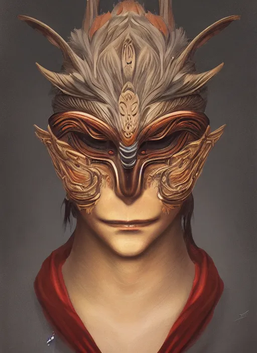 Image similar to a beautiful detailed oil on copper art illustration of a japanese tengu mask with big nose woman, centered, by charlie bowater, zeng fanzh, trending on artstation, dim dusk lighting, cinematic lighting, detailed lighting, volumetric lighting, realistic, f 8, 4 k hd wallpaper