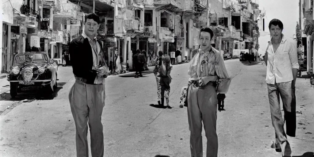 Image similar to a portrait of joe orton and Kenneth Halliwell, a busy street in algiers, a bright sunny day, an algierian beach
