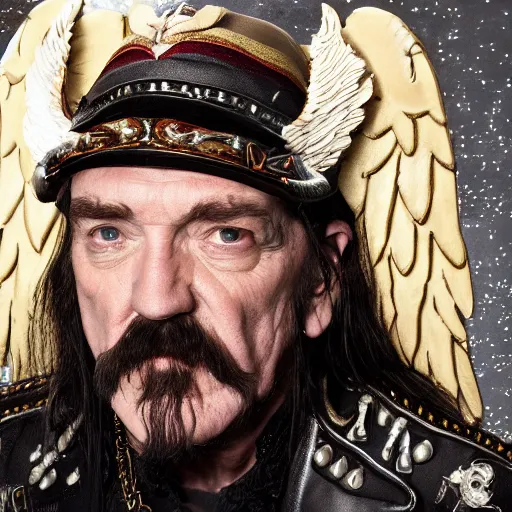 Prompt: lemmy kilmister as an angel, realistic, 8k resolution, hyperdetailed, highly detailed, real life, studio lighting, high quality, dramatic shot,